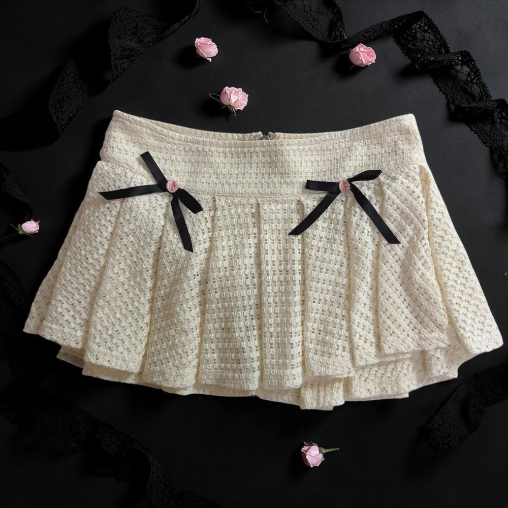 Coquette Ivory Crochet Pleated Mini Skirt Black Ribbon Bows Balletcore Small